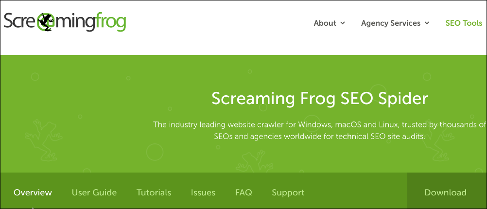 Screaming Frog home page.