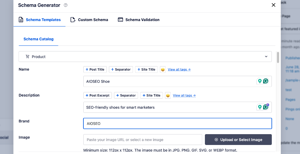 Product schema fields.