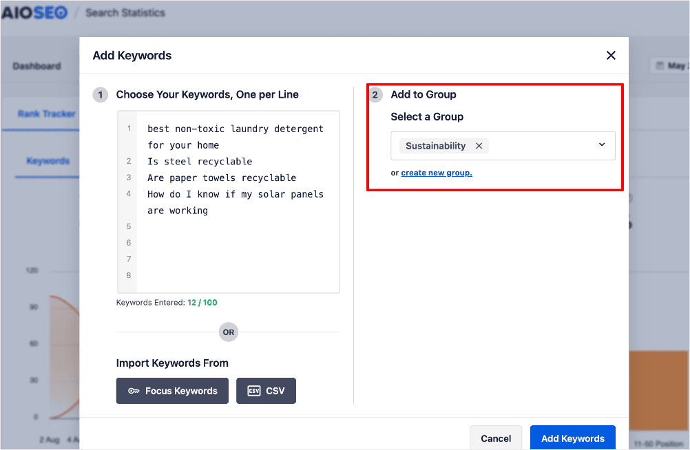 Adding keywords to a group