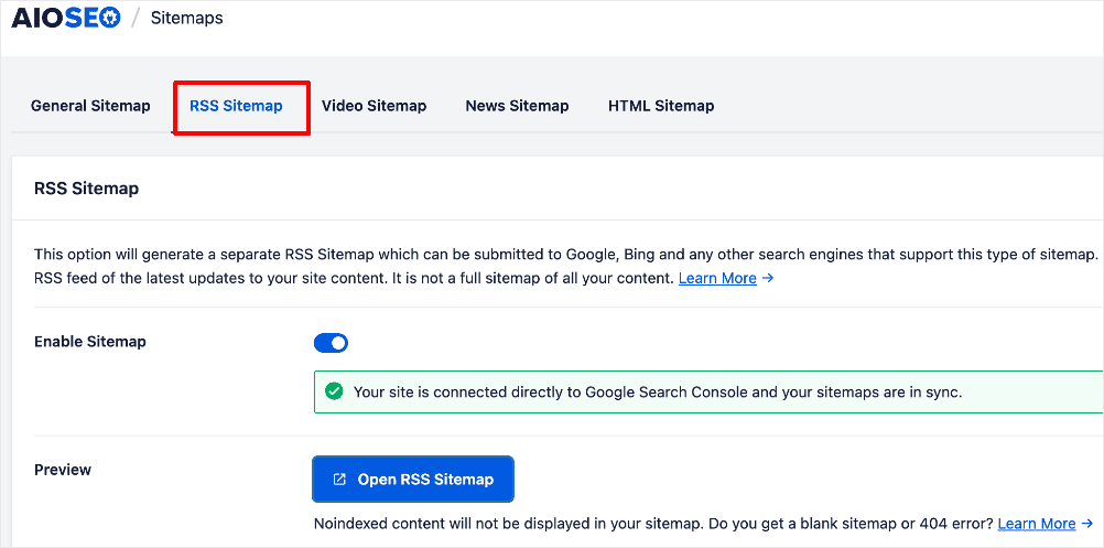 RSS sitemap tab in AIOSEO