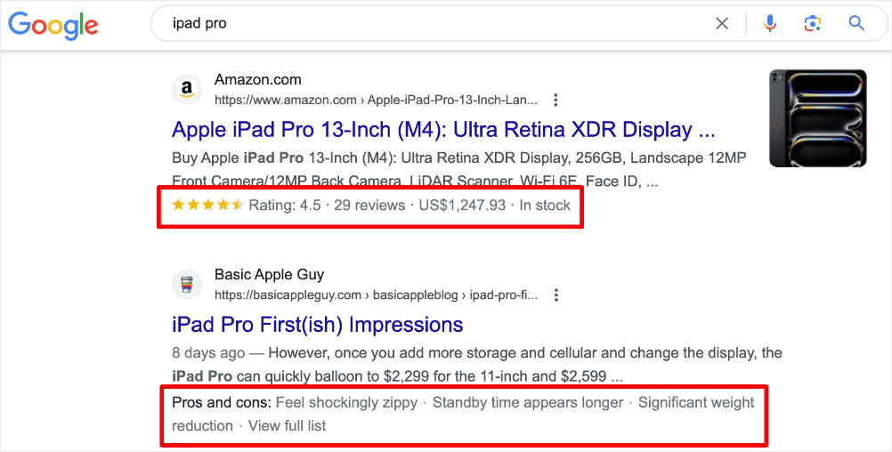 Example of product rich snippets on SERPs.