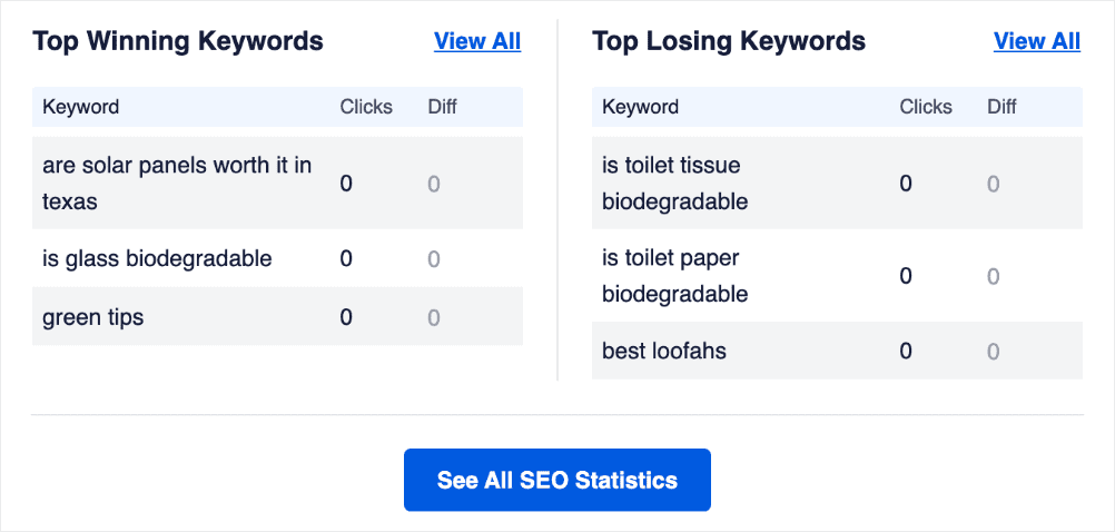 Top Winning and Top Losing Keywords in the SEO report.