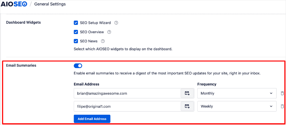 Adding email addresses and configuring frequency.