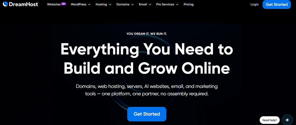 Uma captura de tela da página inicial da Dreamhost