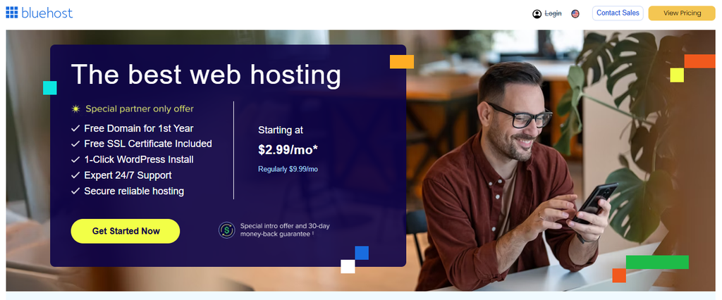 Um instantâneo da página inicial do Bluehost