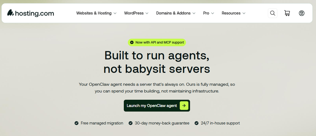 Banner principal promovendo agentes OpenClaw: manchete em negrito 'Criado para executar agentes, não para cuidar de servidores' com um selo verde-limão 'Agora com suporte de API e MCP' e um botão verde escuro 'Iniciar meu agente OpenClaw'.