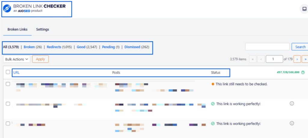Una instantánea del informe Broken Link Checker de AIOSEO