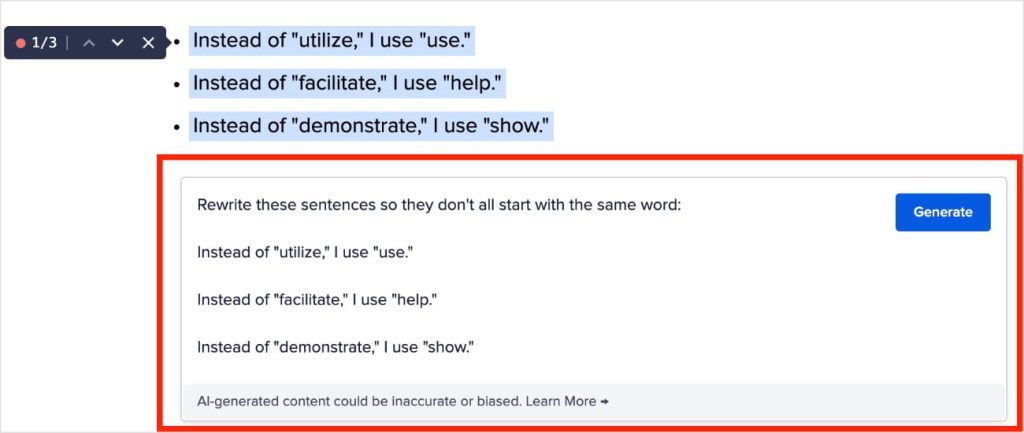 AI prompt to fix sentences starting with the same word.