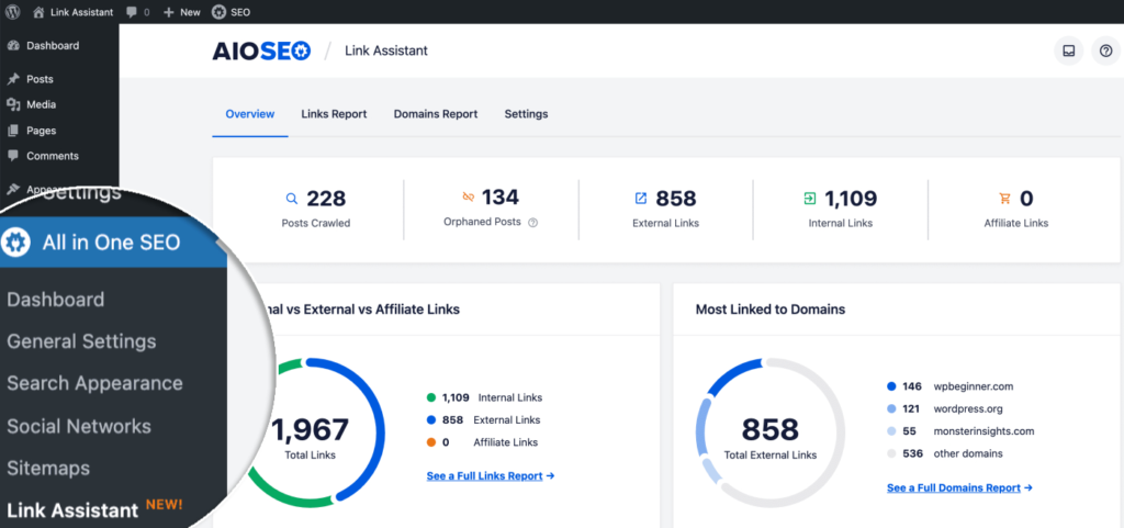 Una instantánea de la función Link Assistant de AIOSEO para enlaces internos