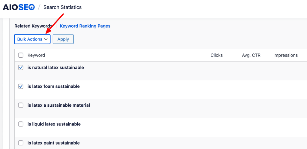 Bulk actions option for related keywords. Bulk actions option for related keywords.