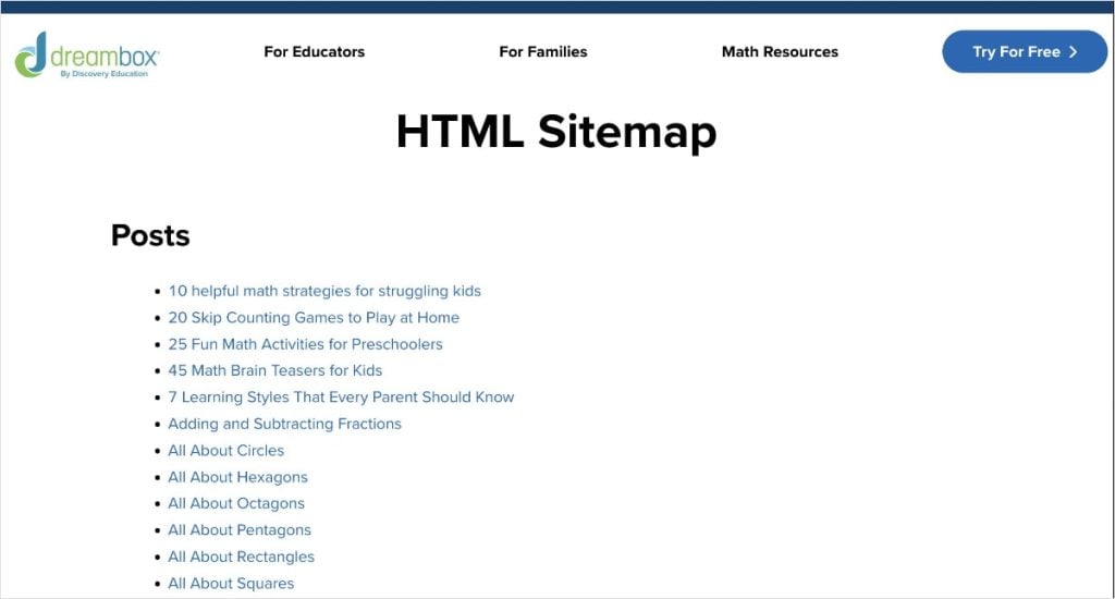 DreamBox HTML Sitemap HTML sitemap sur le site web de Dreambox.