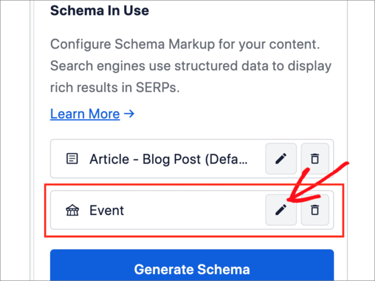 What Is Schema Markup? Plus Schema Types to Know & More 6 Edit schema markup button in AIOSEO