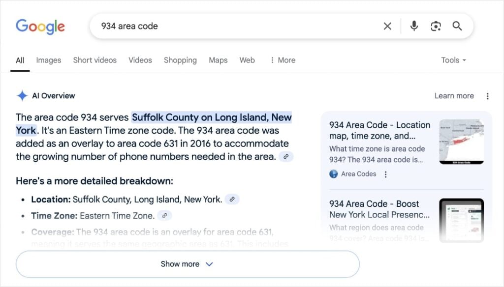 Google AI Overview for the query 934 area code.