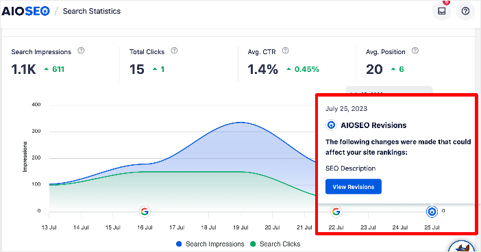 How to Track SEO Changes and Their Impact on Your Rankings 3 AIOSEO marker showing SEO changes made