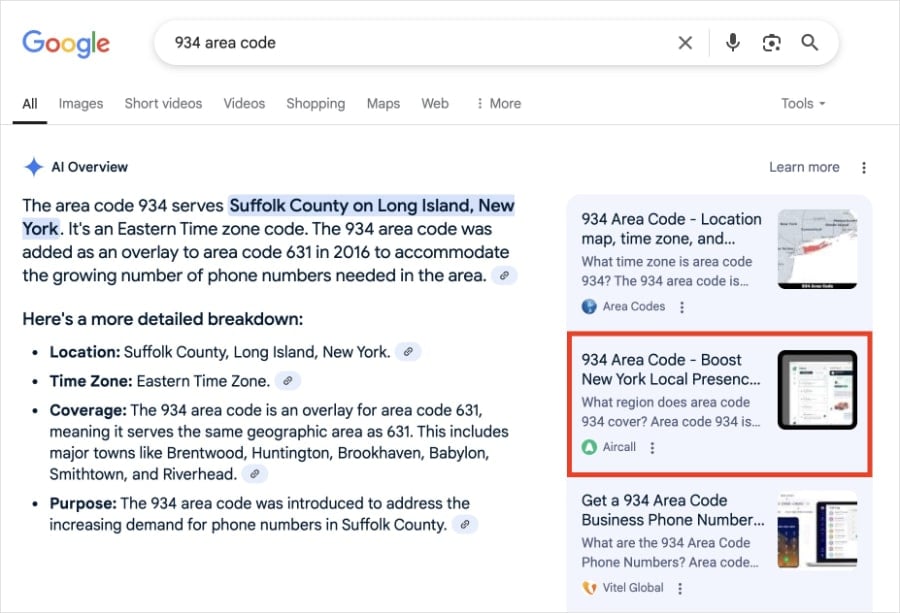 AI Overview shows sources for AI Overview, which includes Aircall.