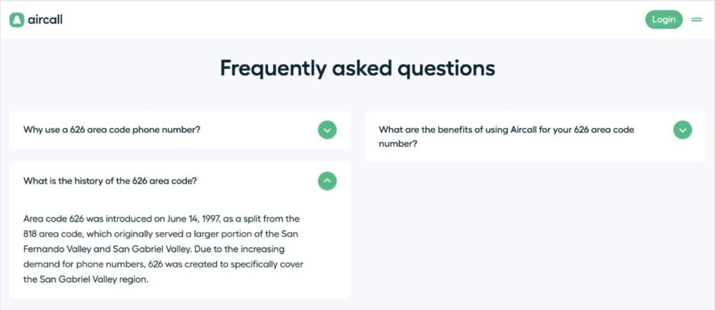 FAQs at the bottom of an Aircall area code page.