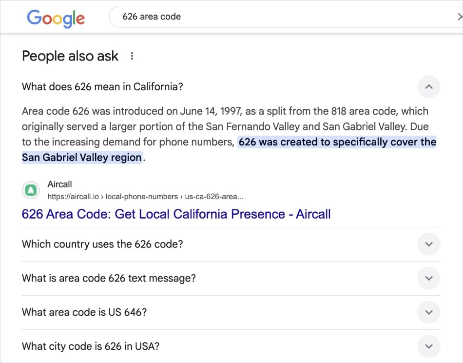 Google People Also As box shows a question and answer from Aircall about the 626 area code.