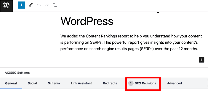 SEO Revisions tab SEO Revisions tab