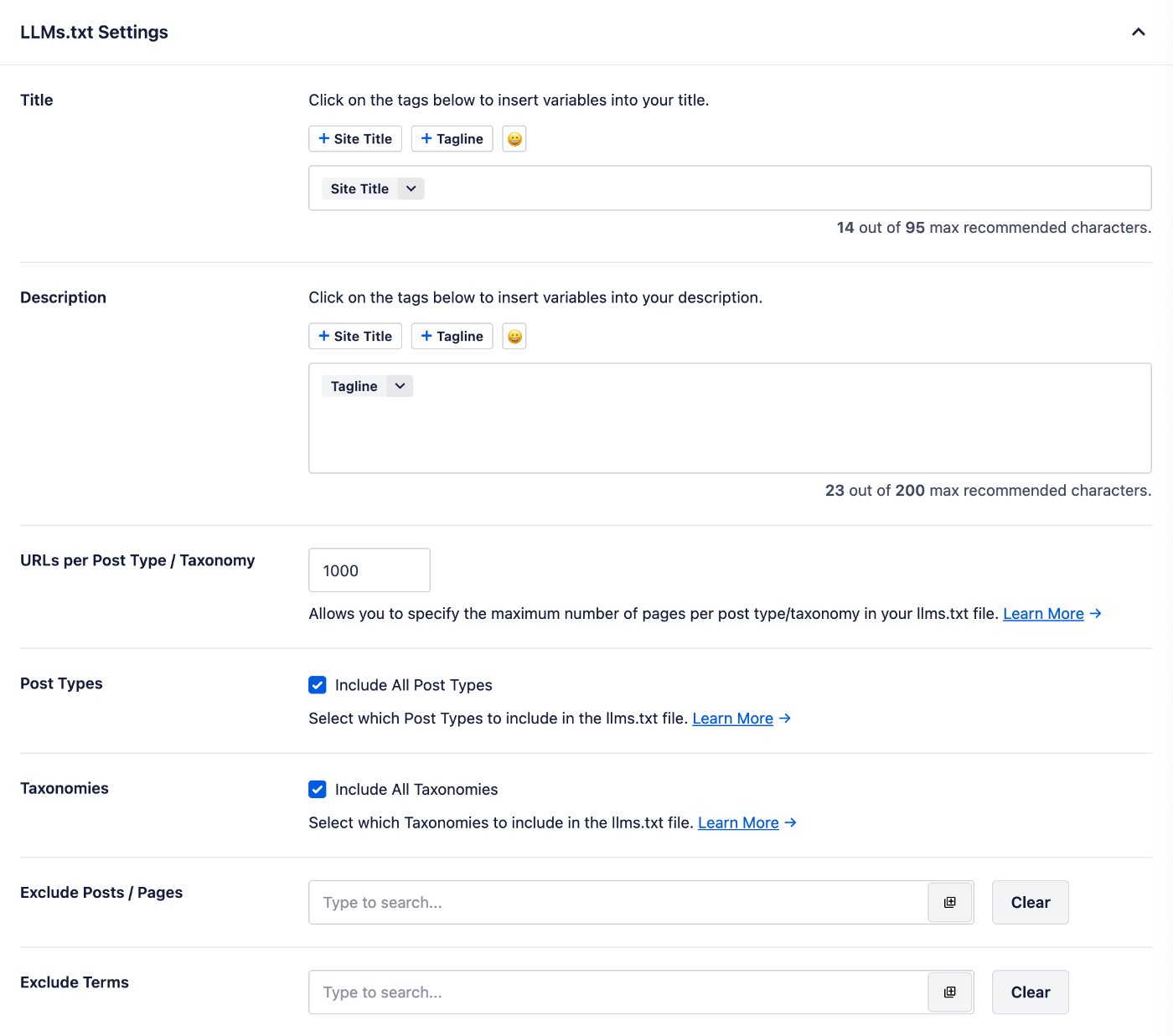 LLMs.txt Settings section shown in All in One SEO 