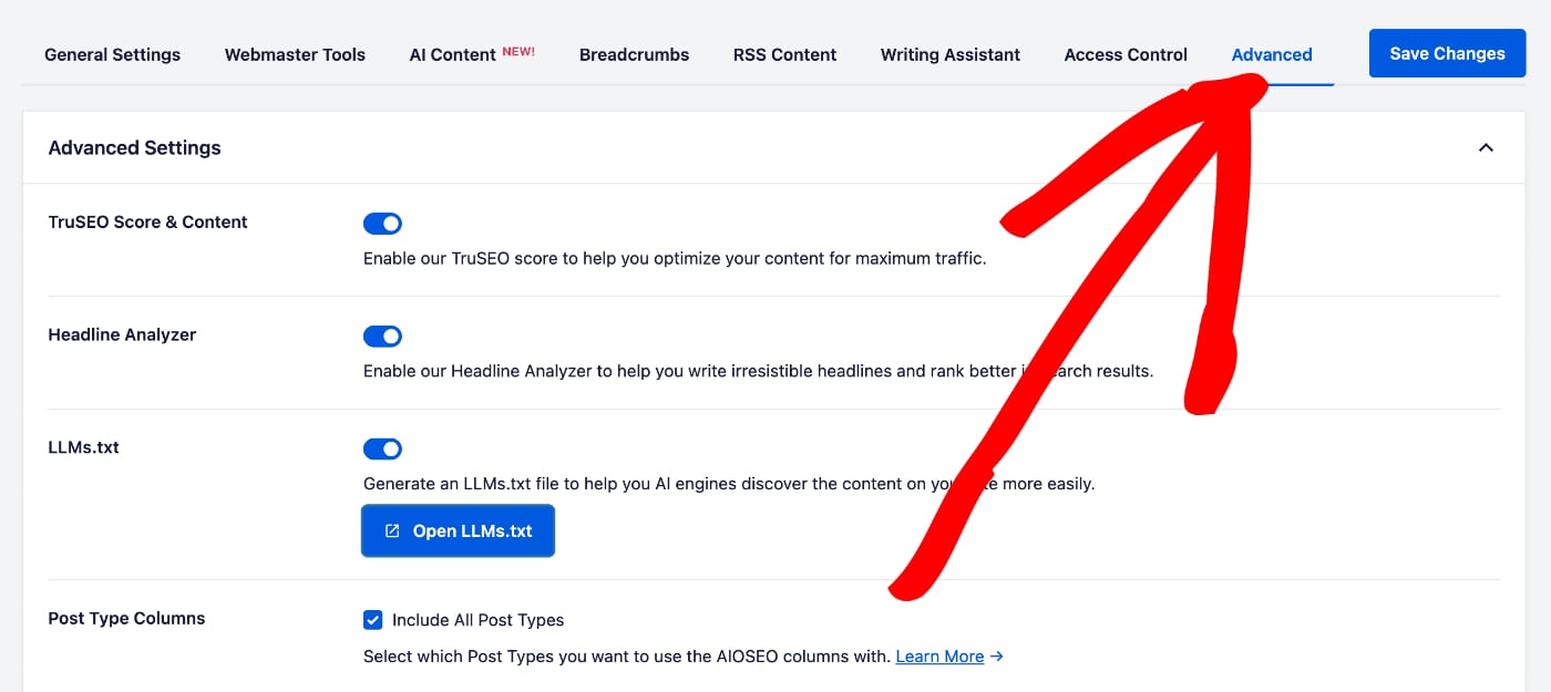 Advanced tab under General Settings in All in One SEO