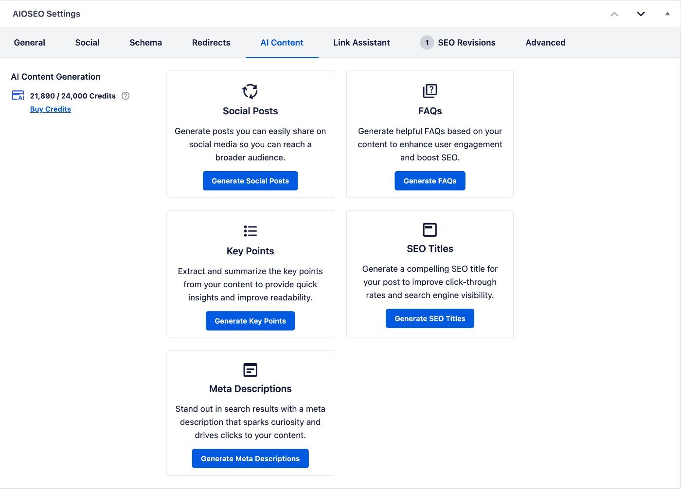 AI Content tab of the AIOSEO Settings section shown on the Edit Post screen