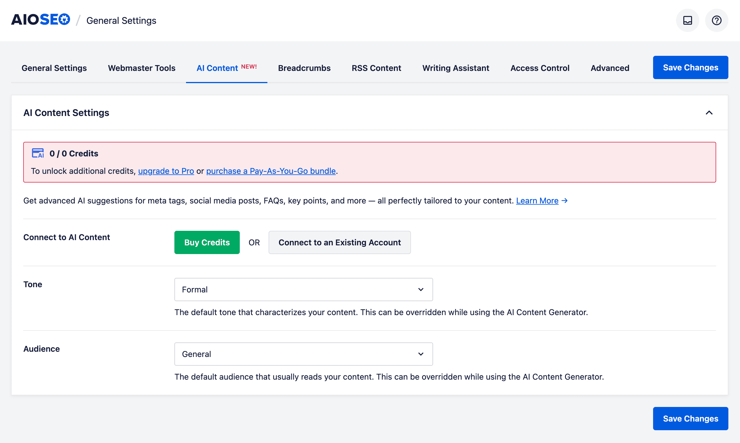 AI Content tab and settings screen shown in All in One SEO