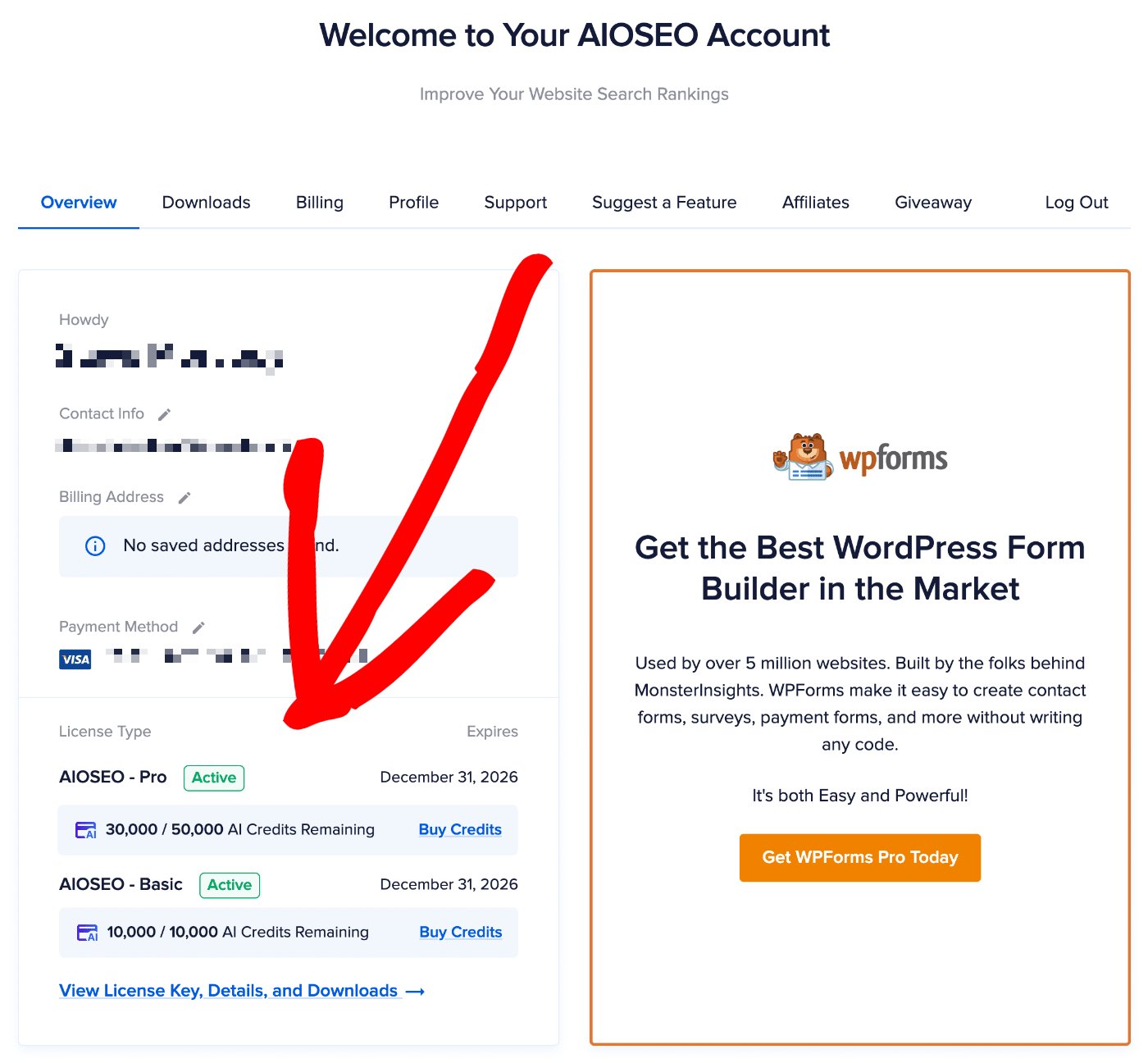 Overview tab in the Account area on aioseo.com showing the subscriptions and AI credits