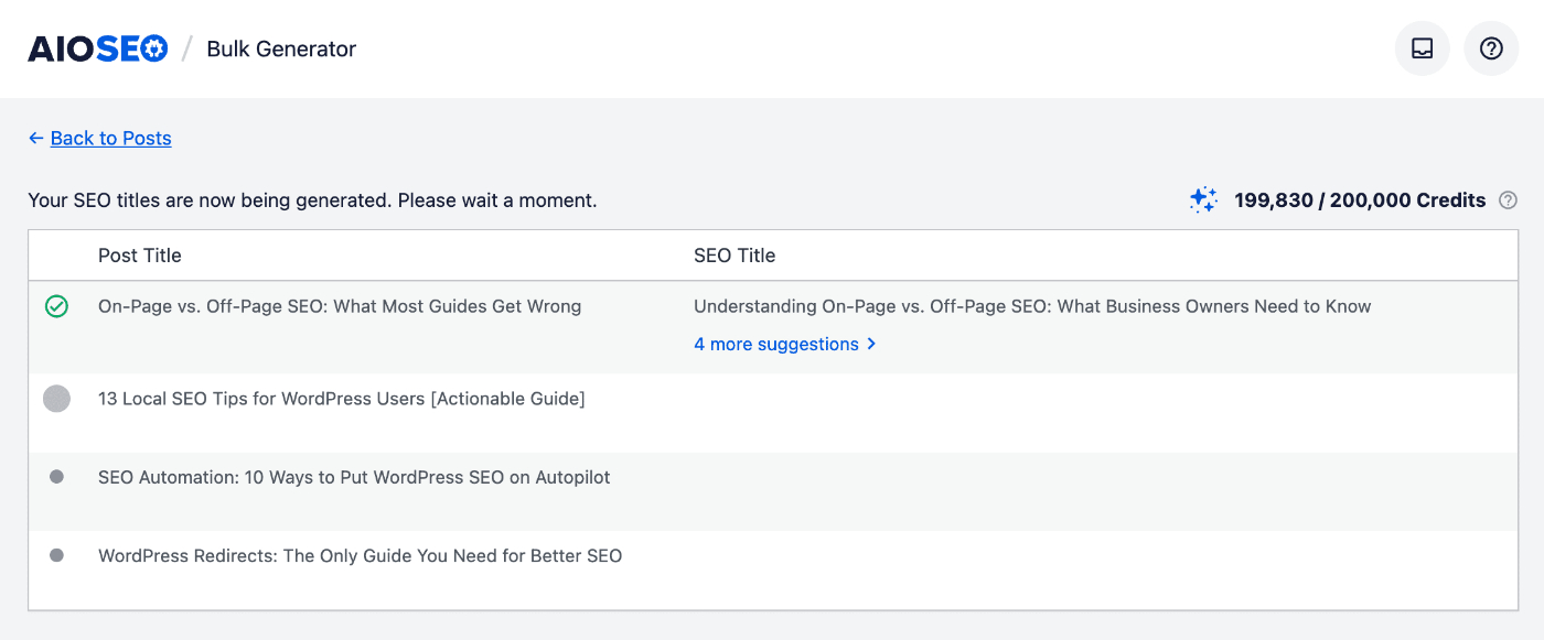 Schermata di avanzamento che mostra All in One SEO che genera titoli SEO utilizzando l'AI