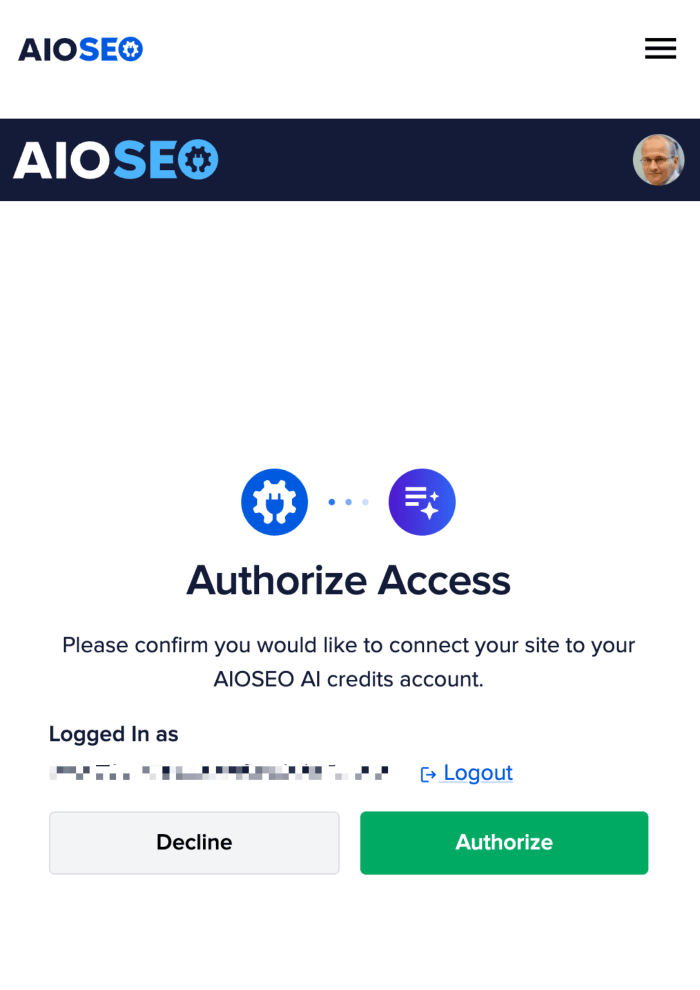 Authorization request for connecting to your AIOSEO AI credits account