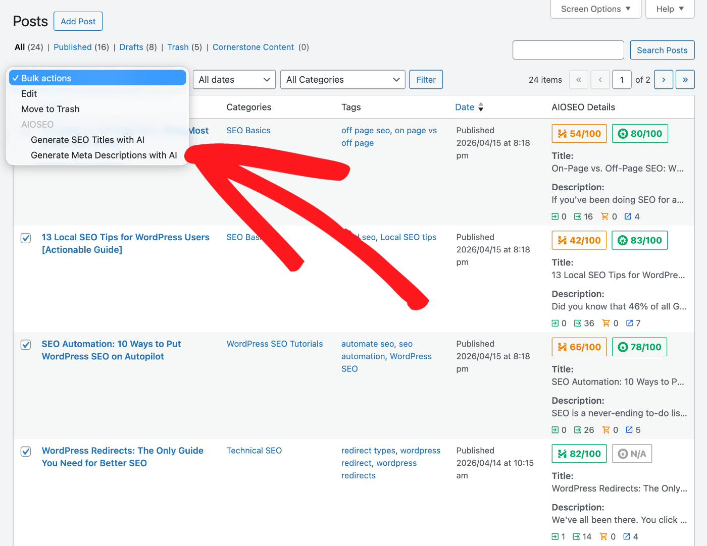 Opzioni Genera titoli SEO con AI e Genera meta descrizioni con AI mostrate nel menu a discesa Azioni di massa
