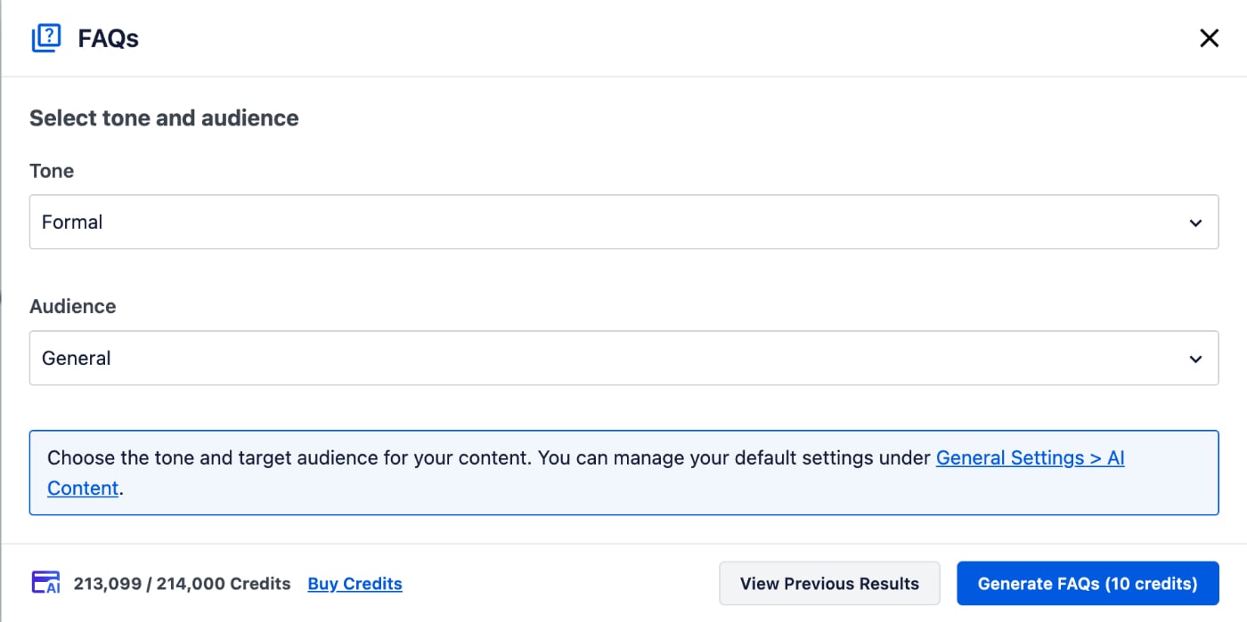 FAQs window showing the options available for generating FAQs