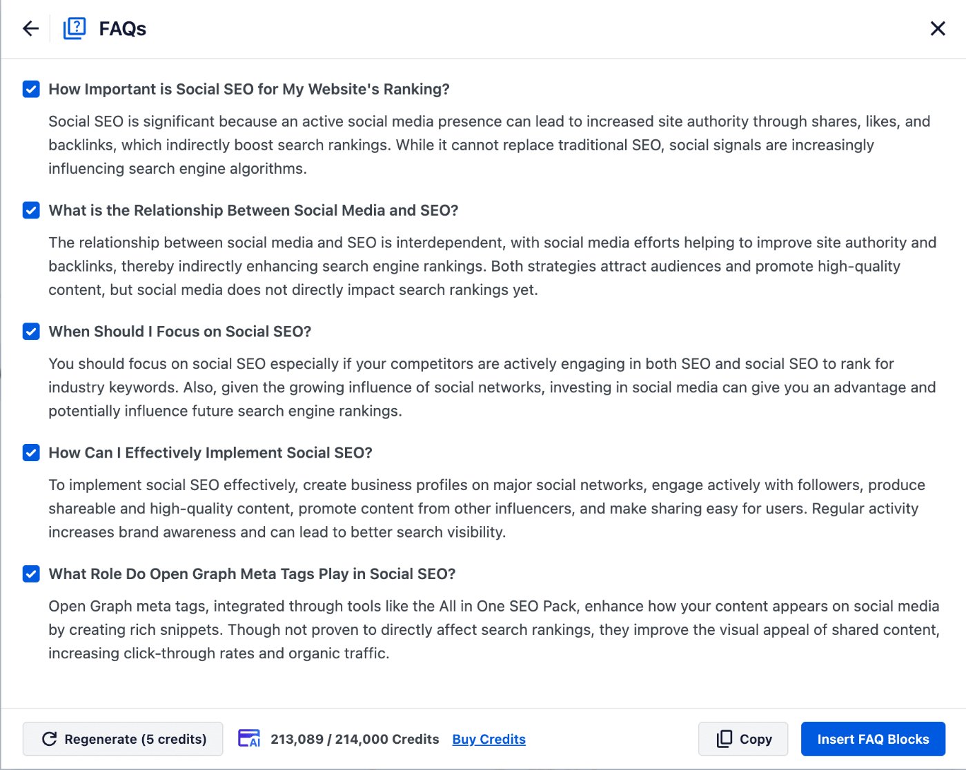 Generated FAQs to select from