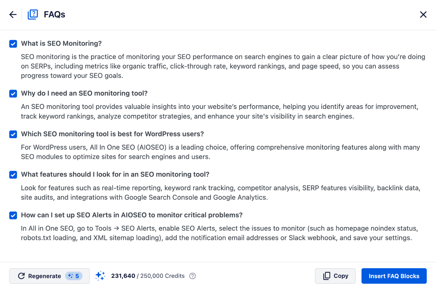 FAQ panel showing five checked questions about SEO monitoring (What is SEO Monitoring?, Why do I need an SEO monitoring tool?, Which SEO monitoring tool is best for WordPress users?, What features should I look for in an SEO monitoring tool?, How can I set up SEO Alerts in AISEO) with a Copy/Insert buttons at bottom. Generated FAQs to select from and insert in your post