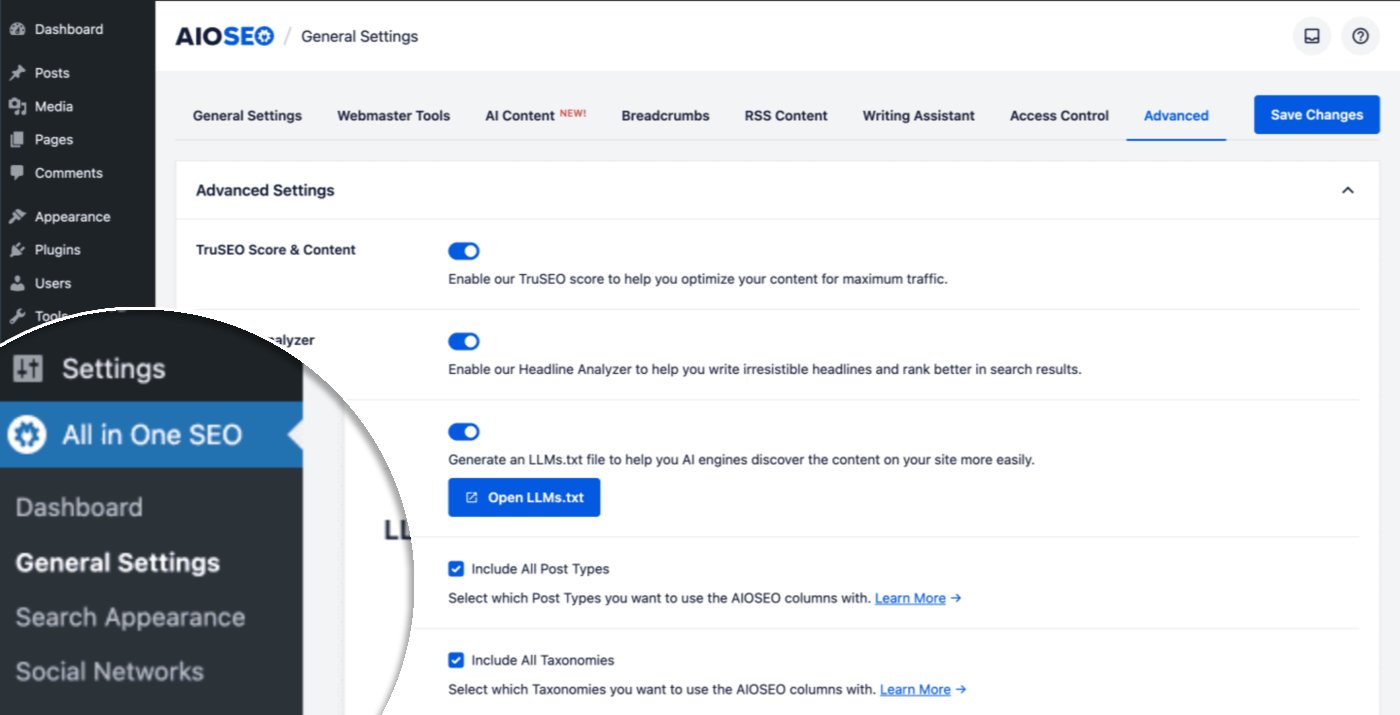 General Settings menu item shown in the All in One SEO menu