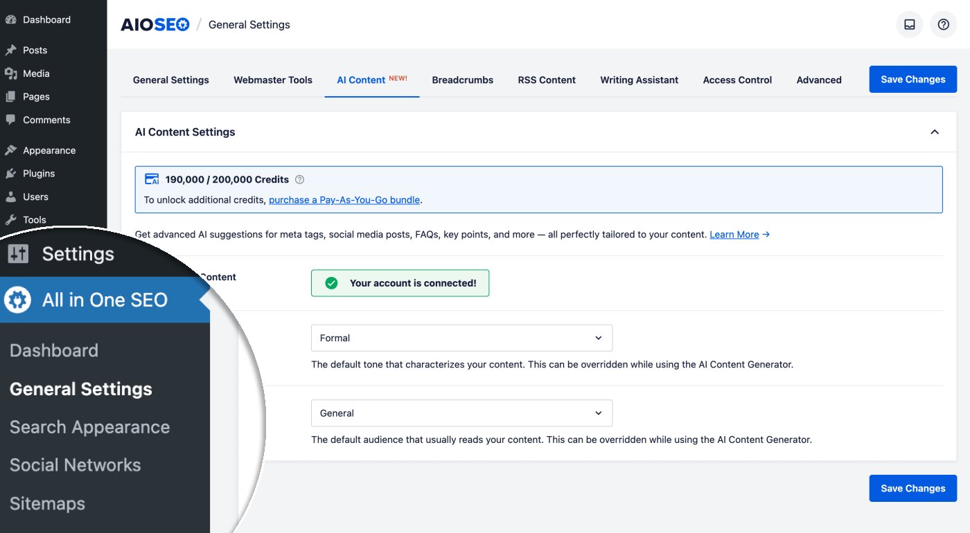 General Settings menu item shown in the All in One SEO menu