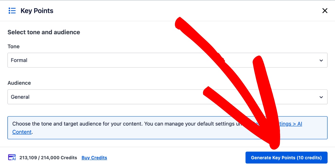 Generate Key Points button showing the number of credits that will be used to generate the Key Points text