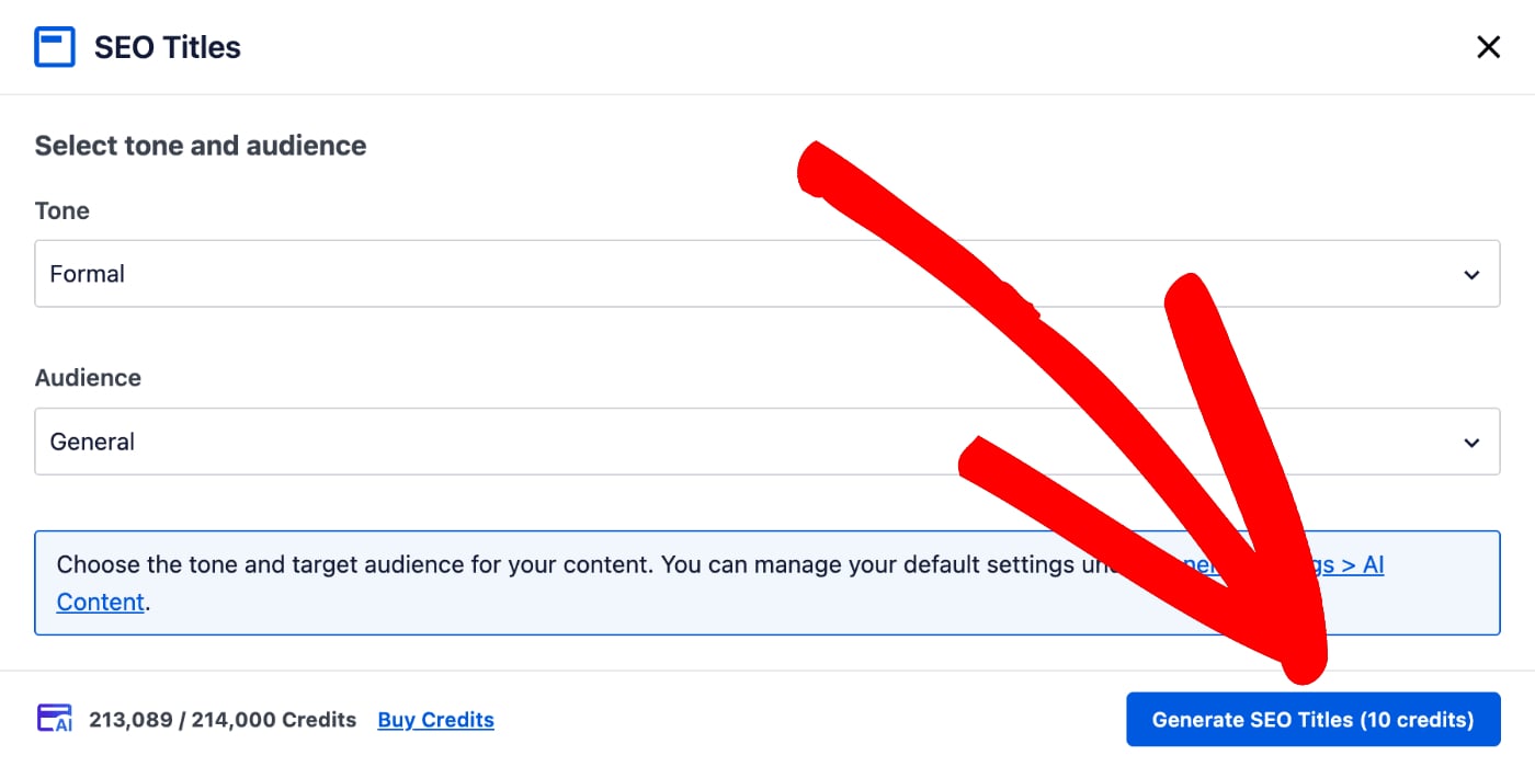 Generate SEO Titles button showing the number of credits that will be used to generate the SEO titles