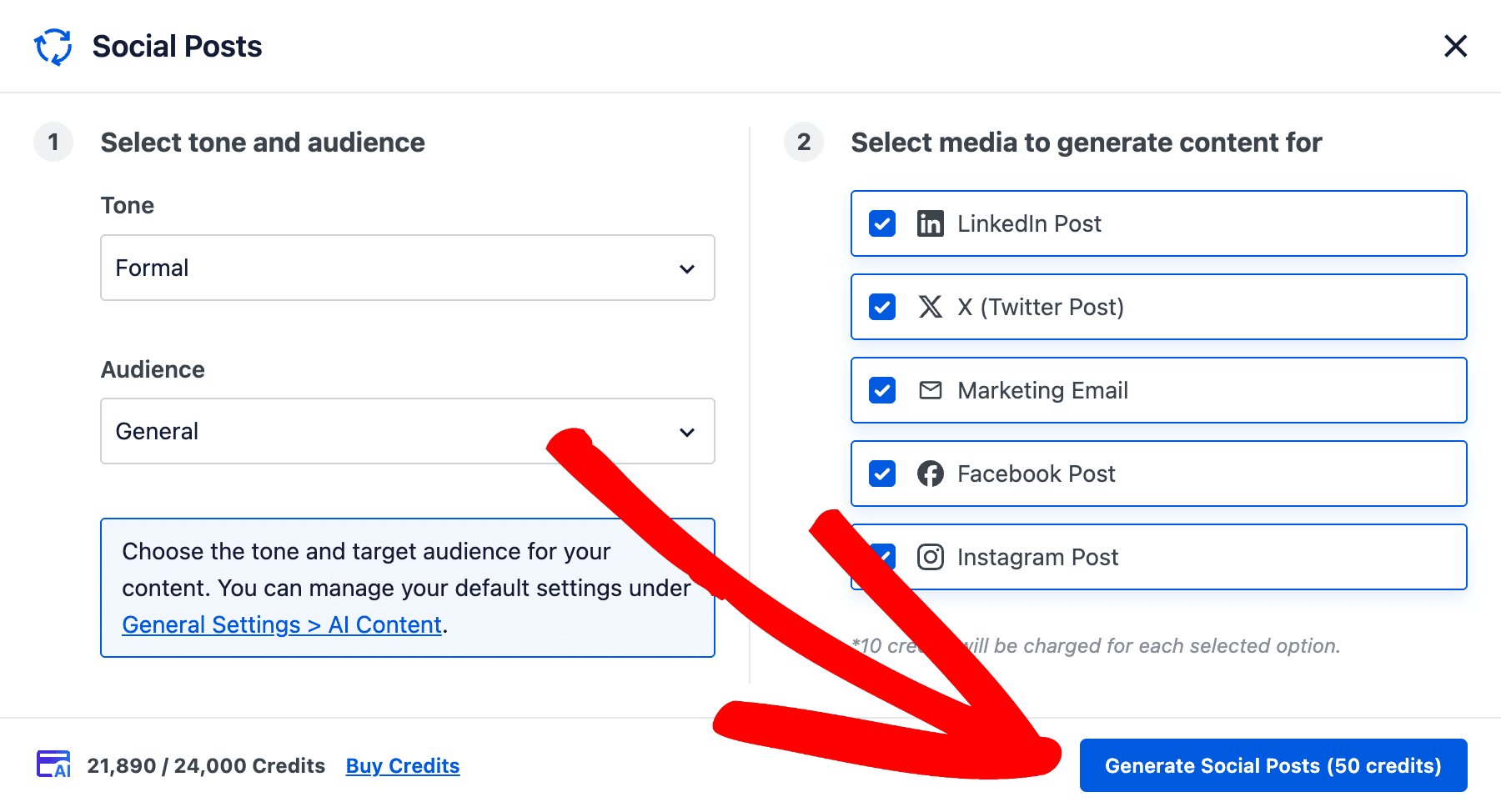Generate Social Posts button showing how many credits that will be used