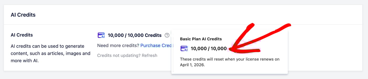 AI Credits section in All in One SEO showing the modal with the number of AI credits and renewal date