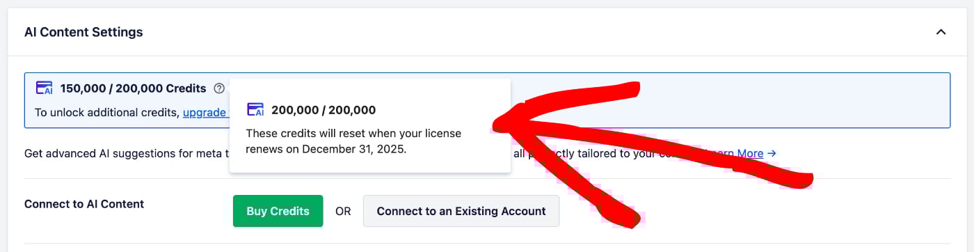 AI Content tab in All in One SEO showing the modal with the number of AI credits and renewal date
