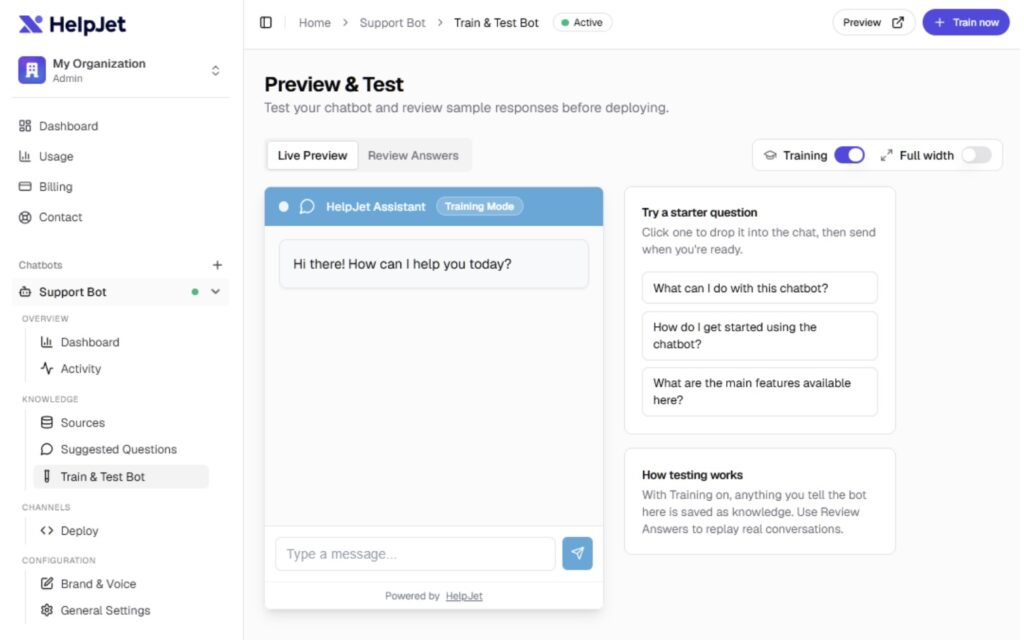 HelpJet Test Bot Oberfläche zum Testen des HelpJet Chatbots.