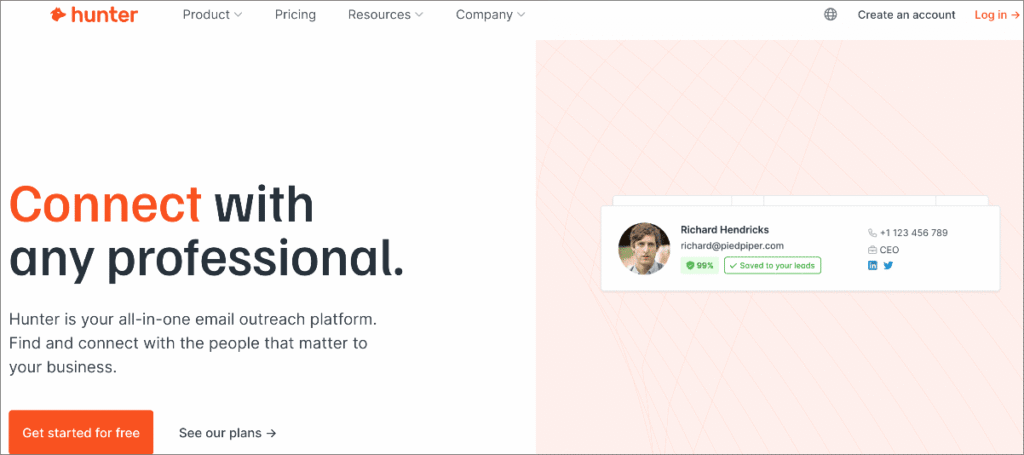 Hunter.io homepage Hunter.io homepage