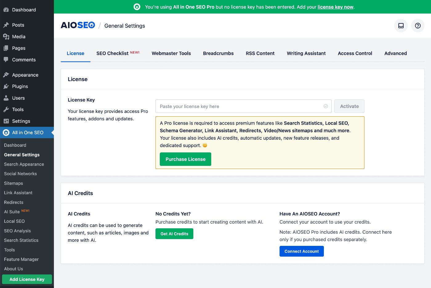 AI Credits section shown on the License screen in All in One SEO AI Credits section shown on the License screen in All in One SEO