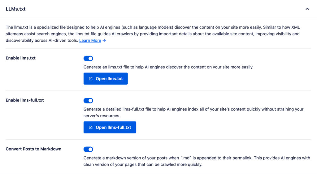 A snapshot of the llms.txt file in AIOSEO