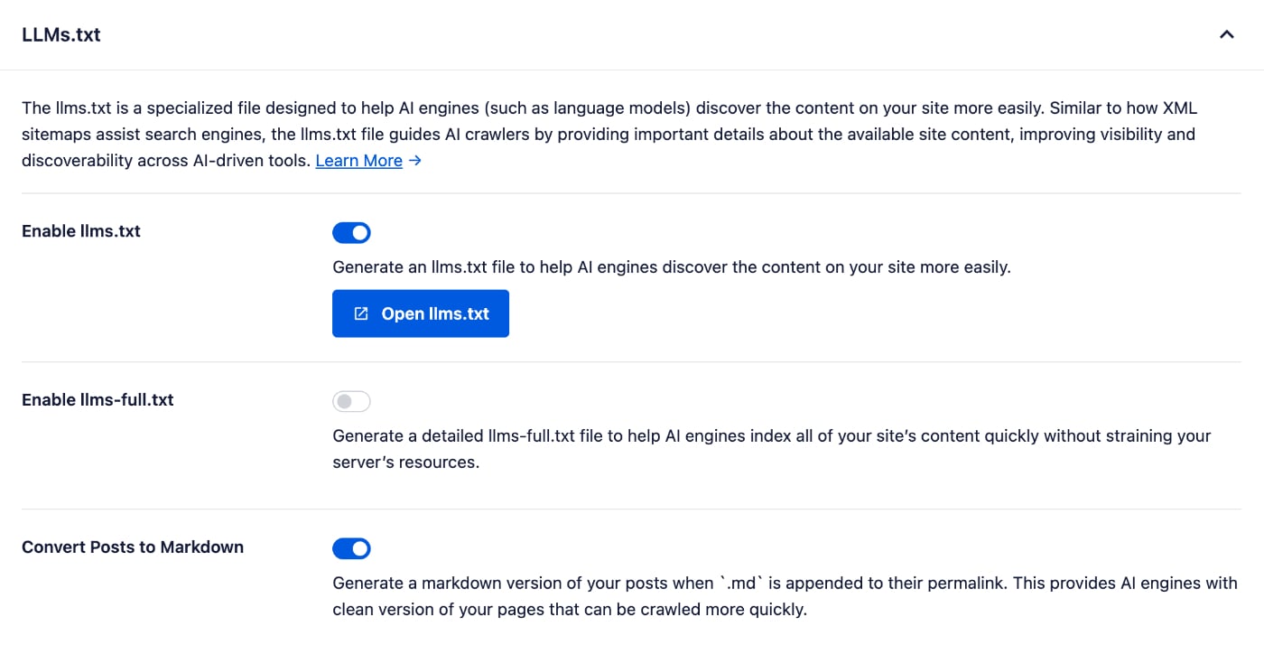 Enable LLMs.txt settings shown in All in One SEO