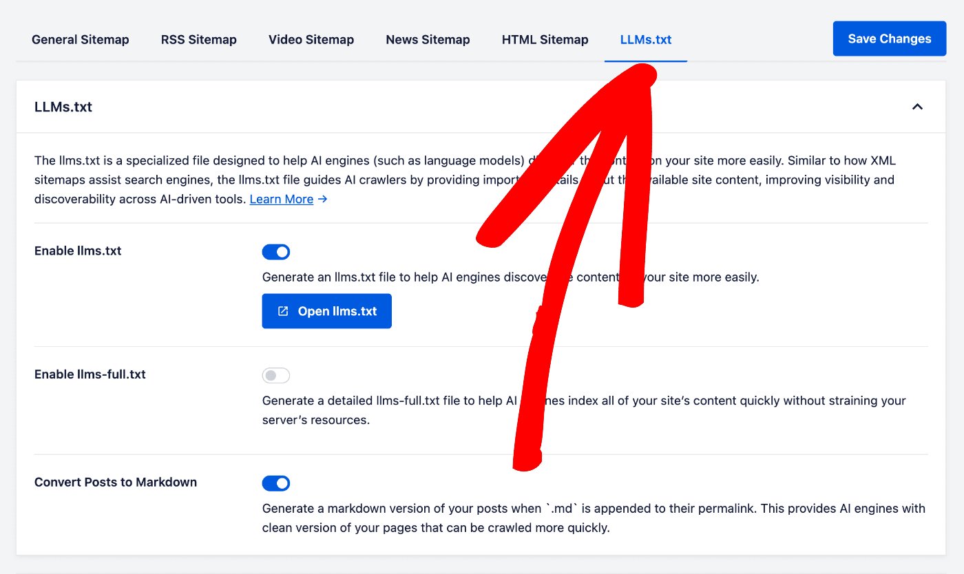 LLMs.txt tab under Sitemaps in All in One SEO