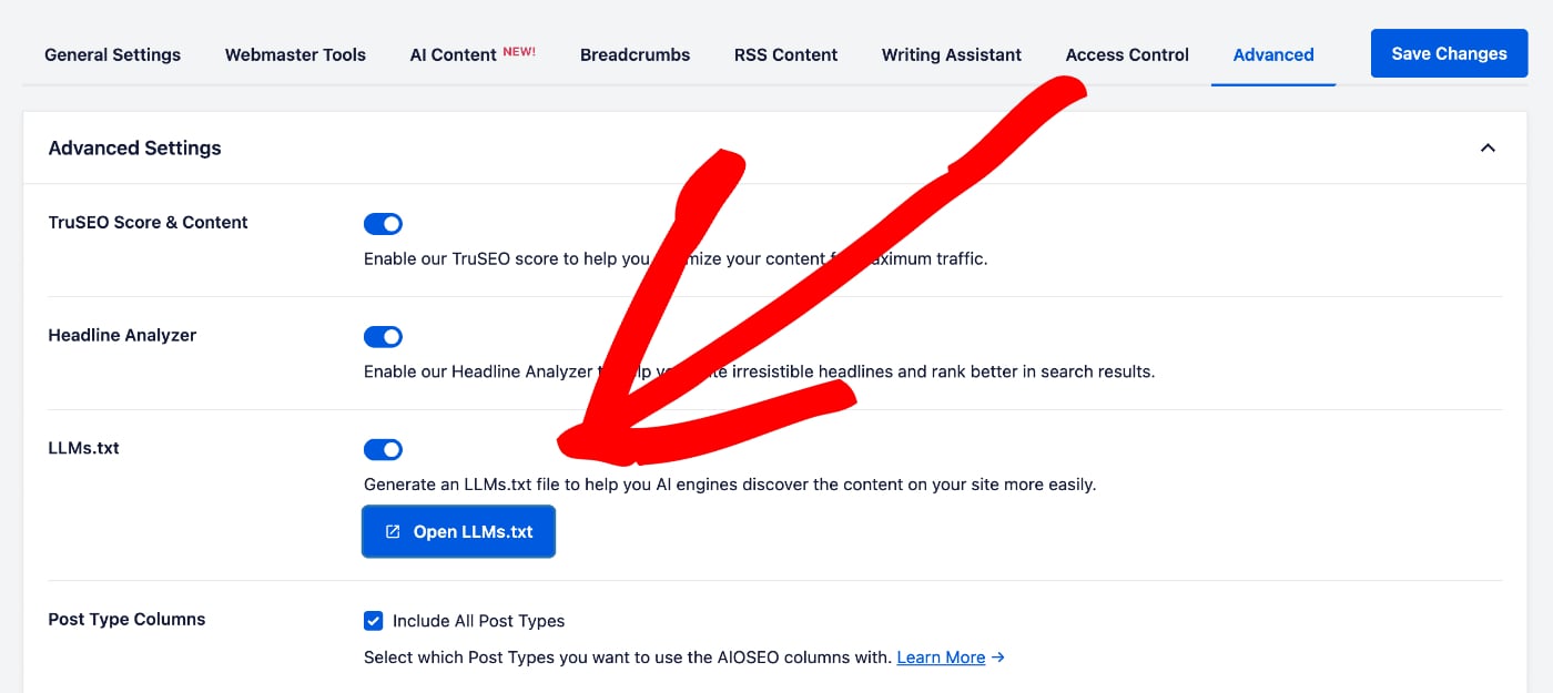 LLMs.txt setting shown on the Advanced tab of the All in One SEO General Settngs