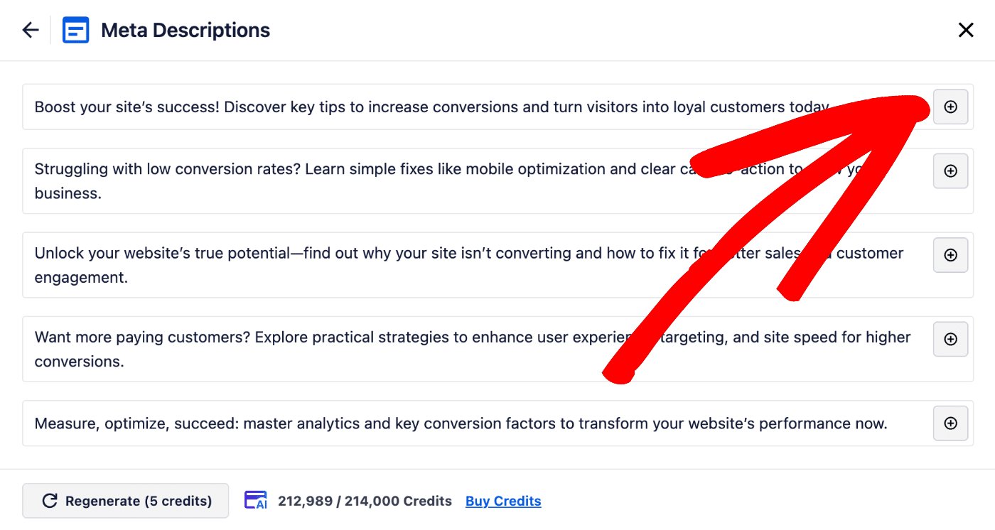 Generated meta descriptions to select from with the Add button next to each one