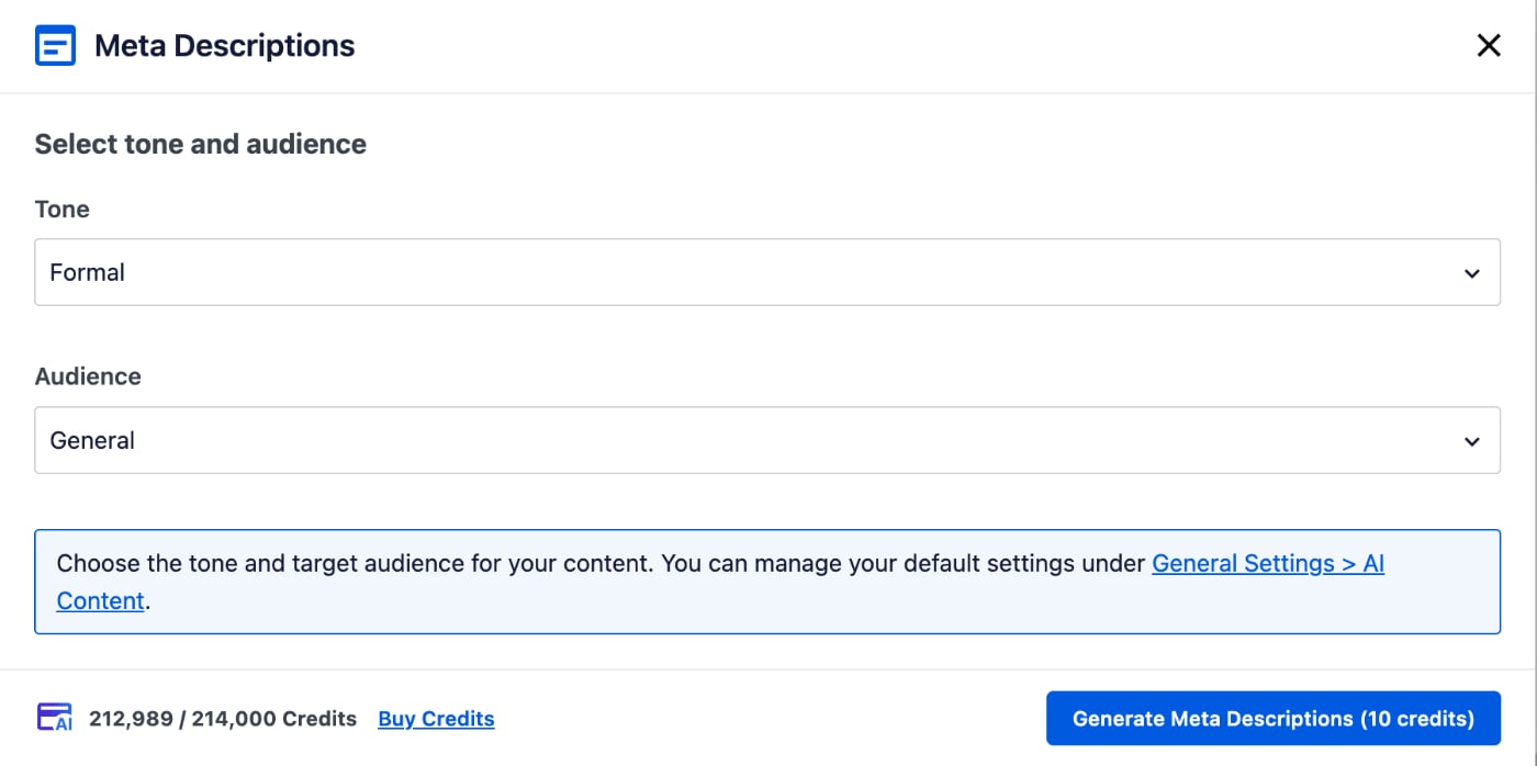 Meta Descriptions window showing the options available for generating meta descriptions