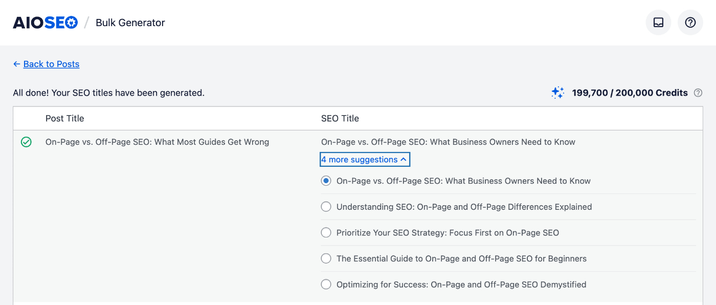 Altri suggerimenti mostrati nel Generatore di massa